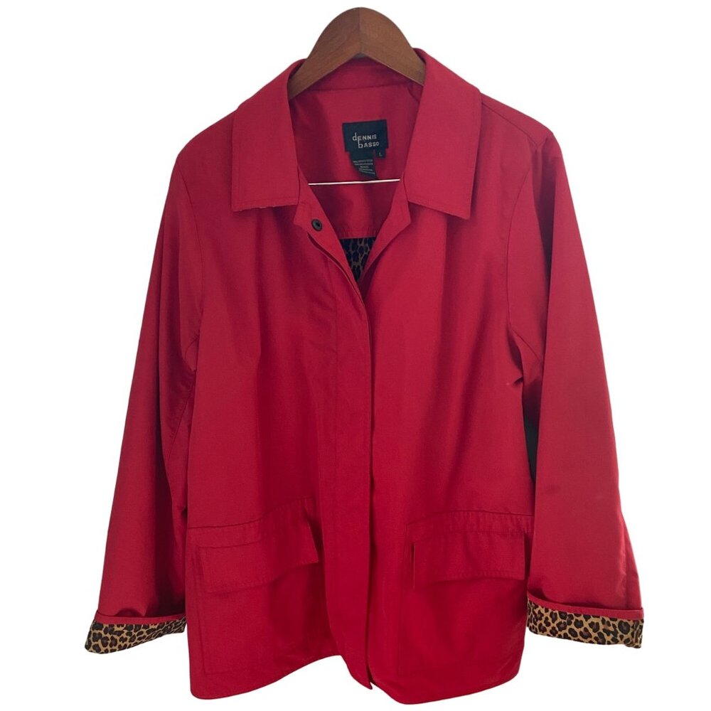 Dennis Basso Women's Red Rain Jacket Size Large Snap Closure Leopard Lining